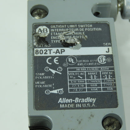 Allen Bradley 802T-AP Ser J Snap Action Roller Limit Switch W/ 40146-747-63 Head