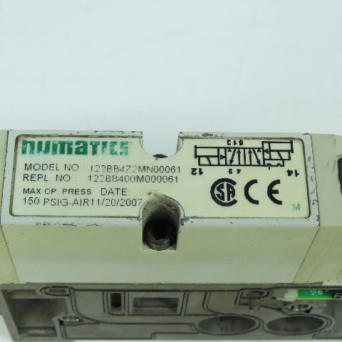 Numatics 122BB4Z2MN00061 150PSI 2/4Way Solenoid Pneumatic Valve Manifold 24VDC