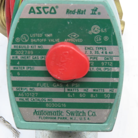 Asco 8030G16 1/2" NPT Solenoid Valve 4PSI Air Inert & Fuel Gas 6PSI Water 120V