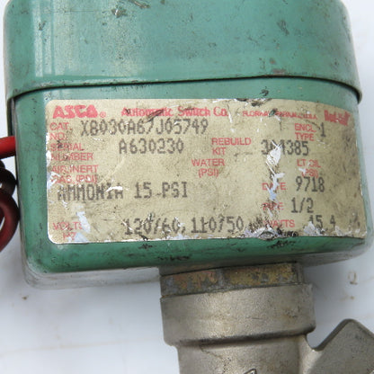 Asco X8030A67J05749 1/2" NPT Solenoid Valve 15 PSI Ammonia 120V 50/60Hz