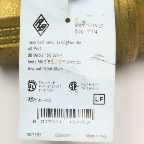 RB 171NLF 1-1/4" Brass Ball Valve WOG 150PSI