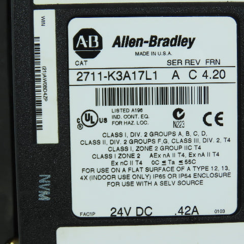 Allen Bradley 2711-K3A17L1 Ser A FRN 4.20 PanelView 300 Operator Terminal Rev C
