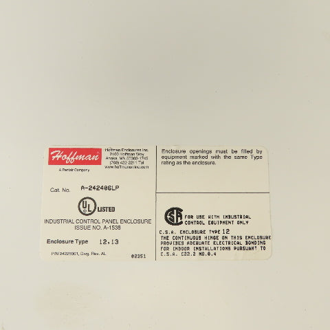 Hoffman A242406LP 24" x 24" x 6" Electrical Enclosure W/ Backplate Type 12, 13