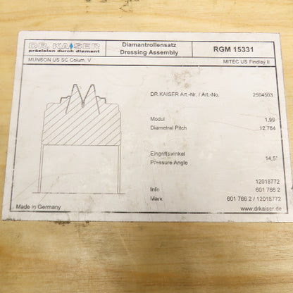 Dr. Kaiser M1,99/W14,5 Worm Gear Diamond Profile Dressing Wheels See Info Lot/28
