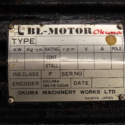 Okuma BL-120E-20T 2.4kW AC Servo Motor 2000RPM164V 12.1A 4-Pole W/Encoder Tested