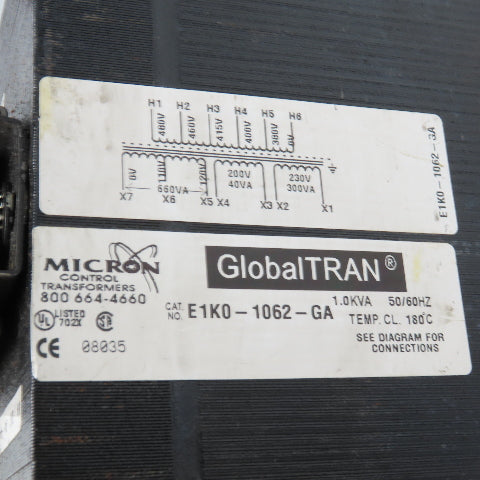 Micron Control E1K0-1062-GA 0-480V Pri 1-230V Sec. Transformer 1.0kVa 50/60Hz