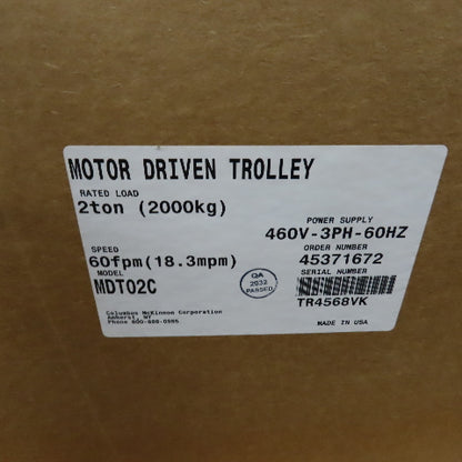 CM Budgit MDT02C 2 Ton 4000LB Motor Driven Hoist Power Trolley 460V 3PH 60FPM