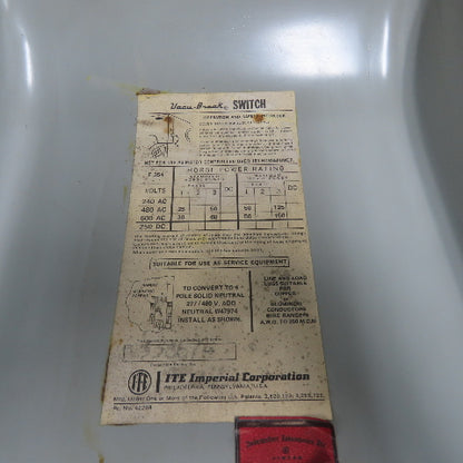 ITE F-354 200A Fusible Vacu-Break Heavy Duty Safety Switch 600VAC 3Ph 3-Pole