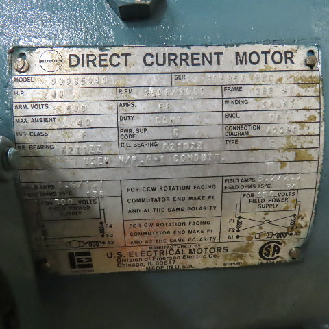 US Electrical 00035040 40HP DC Motor 500VDC Arm 3000RPM 66A 288AT Fr. 601A100-2