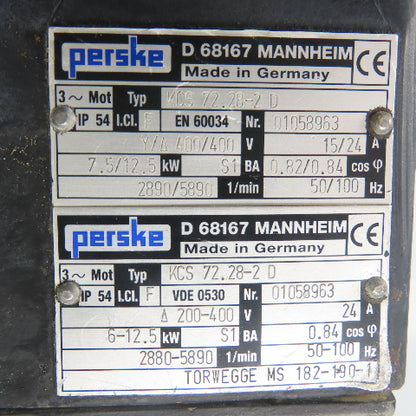 Perske KCS 72.28-2 D 12.5KW Spindle Motor 200-400V 3Ph 2880-5890RPM
