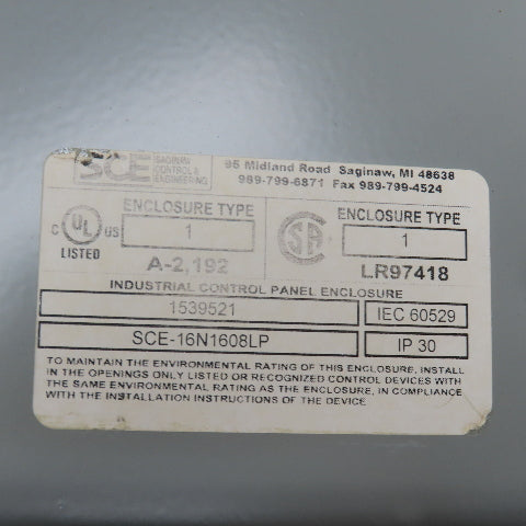 SCE SCE-16N1608LP 16" x 16" x 8" Type 1 Electrical Enclosure W/ Backplate