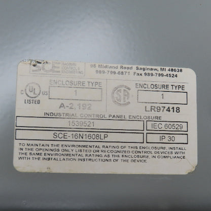 SCE SCE-16N1608LP 16" x 16" x 8" Type 1 Electrical Enclosure W/ Backplate