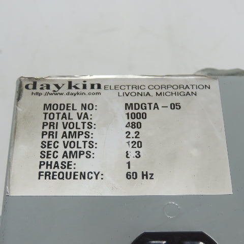Daykin MDGTA-05 1000VA Disconnect Transformer Pri 480V Sec 120V 8.3A 1Ph