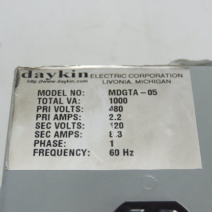 Daykin MDGTA-05 1000VA Disconnect Transformer Pri 480V Sec 120V 8.3A 1Ph