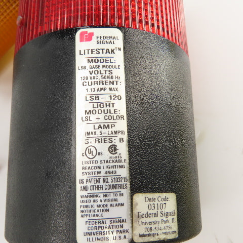 Federal Siganl LSB LSB-10 Litestak Safety Lights 120VAC Red & Amber Lot Of 2