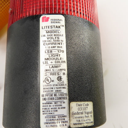 Federal Siganl LSB LSB-10 Litestak Safety Lights 120VAC Red & Amber Lot Of 2