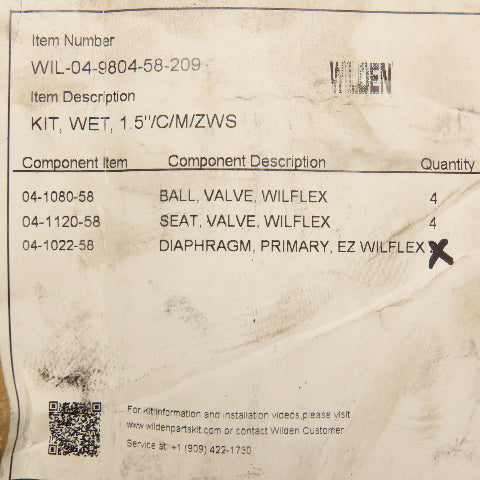 Wildon WIL-04-9804-58-209 Wet Kit 1-1/2" C/M/ZMS Incomplete No Diaphragm