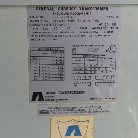 Acme T-2-53013-4S 3.0kVA 1PH GP Transformer Pri 240/480V Sec 120/240V 60HZ