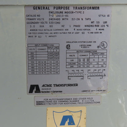 Acme T-2-53013-4S 3.0kVA 1PH GP Transformer Pri 240/480V Sec 120/240V 60HZ