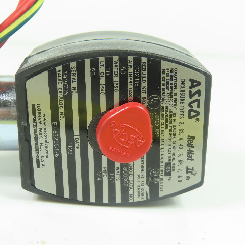 Asco EF8320G176 Red-Hat II Solenoid Valve 1/4" 240V Coil 50PSI