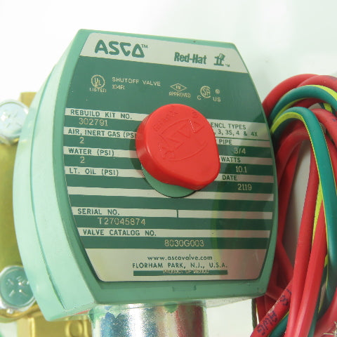 Asco 8030G003 Red-Hat II Solenoid Valve 3/4" 120V Coil 2PSI