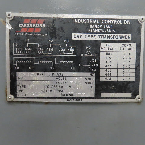 Magnetics MBT 112.5kVA 3PH Dry Type Transformer Pri 480V Sec 208Y/120V 312.3A