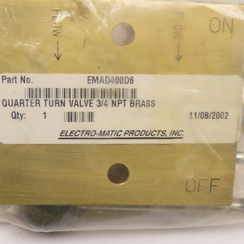 Electro-Matic Products EMAD400D6 Quarter Turn Valve 3/4" NPT Brass NIB