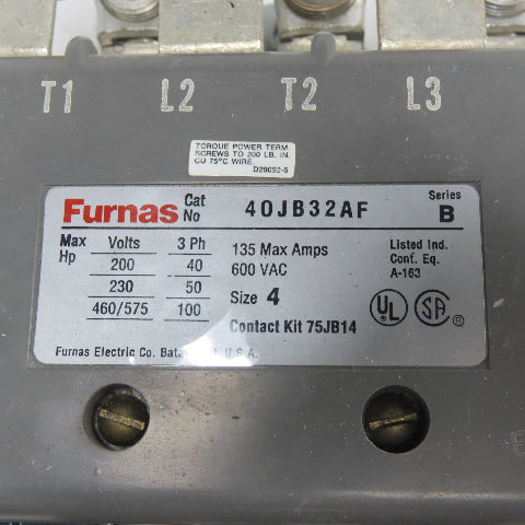 Furnas 40JB32AF Size 4 Ser B Motor Starter 135A 600VAC