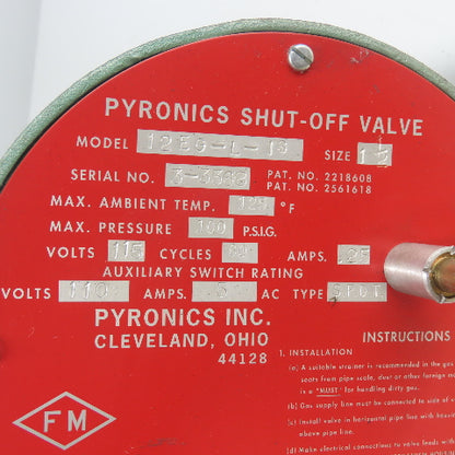 Pyronics 12EG-L-1S 1-1/2 Shut-Off Valve 115V 100PSI
