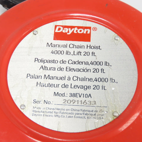 Dayton 38EV10A 2-Ton 4000LBS Manual Chain Hoist 20' Lift