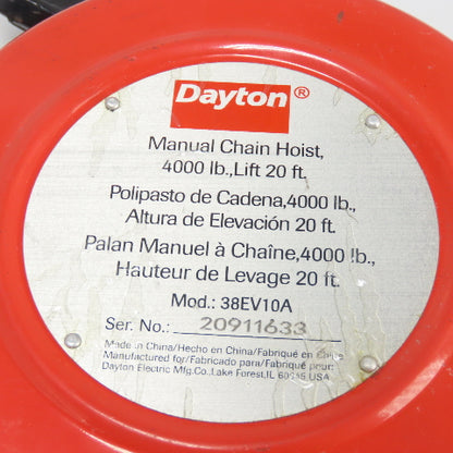 Dayton 38EV10A 2-Ton 4000LBS Manual Chain Hoist 20' Lift