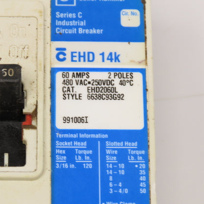 Cutler Hammer EHD 14K 60A 2-Pole Circuit Breaker 480V