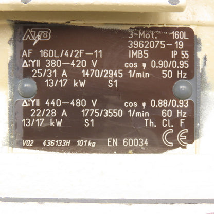 ATB AF 160L/4/2F-11 13/17kW AC Electric Motor 1775/3550RPM 440-480V 3PH 160L Fr.