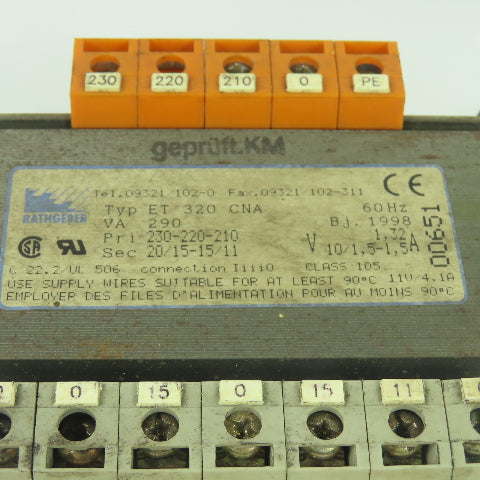 Rathgeber ET 320 CNA 290VA Transformer 230-220-210V Pri 20/15-15/11V