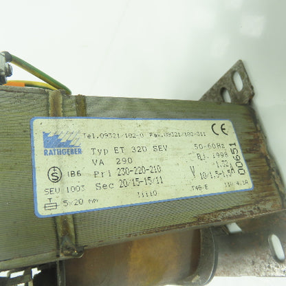 Rathgeber ET 320 CNA 290VA Transformer 230-220-210V Pri 20/15-15/11V