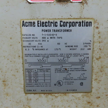 Acme T-1-53342-3 30kVA 3PH general Purpose Transformer Pri 480V Sec 240V