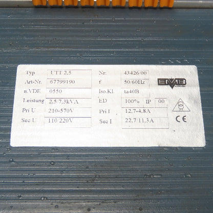 EMB UTT 2.5 67799190 2.5/7.3KVA Transformer 210-570V Pri 110/220V Sec 1Ph