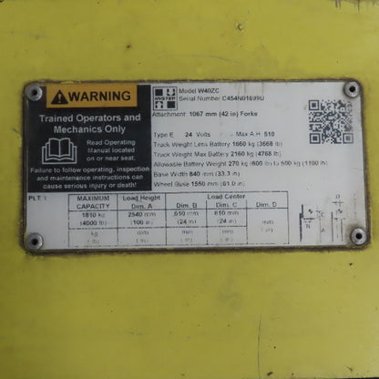 Hyster W40ZC 4000 Lb 24V Walkie High Lift Pallet Stacker 100" Lift -2020 Battery