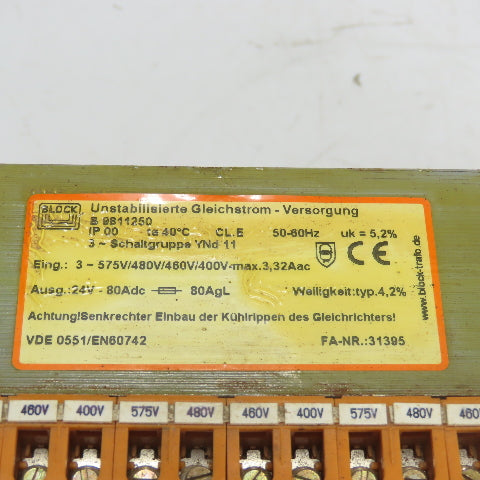 Block B9811250 3Ph Power Supply Transformer 575/480/460/400V PRI 24VDC Sec