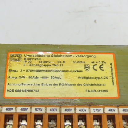 Block B9811250 3Ph Power Supply Transformer 575/480/460/400V PRI 24VDC Sec