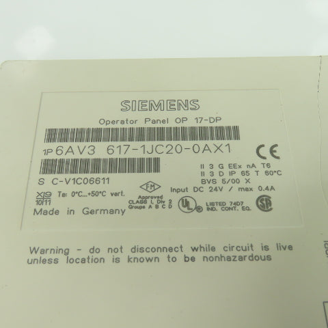 Siemens 1P 6AV3 617-1JC20-0AX1 Simatic OP17 Operator Control Panel 24VDC