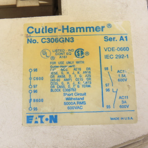 Cutler Hammer C306GN3 AN16DN0 Motor Starter Overload 27A 600V 10Hp 110/120V Coil