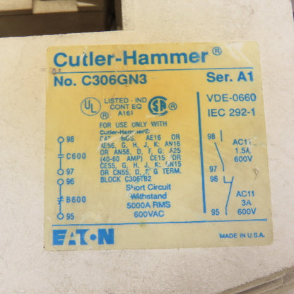 Cutler Hammer C306GN3 AN16DN0 Motor Starter Overload 27A 600V 10Hp 110/120V Coil