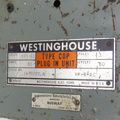 Westinghouse HP-3-AC 30A Fusible Bus Plug 230VAC 3-Pole