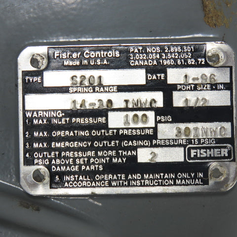 Fisher Controls S201 Gas Pressure Regulator 14-30 TNWC 1/2" Port 100PSIG