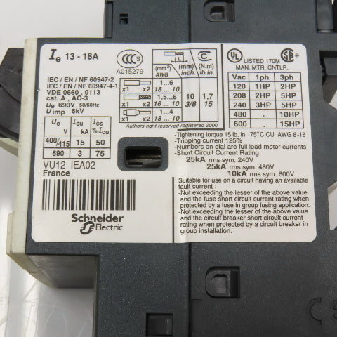 Telemecanique GV2ME20/13-18A 600VAC 15Hp 3Ph Max Manual Motor Stater 13-18A Trip