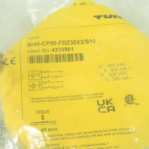 Turck Bi40-CP80-FDZ30X2/S10 Inductive Sensor 20-250VAC 10-300VDC 3-400mA NEW