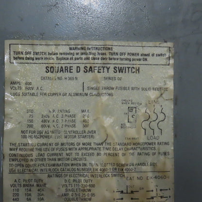 Square D H366N 600A Fusible Safety Disconnect Switch 600VAC 3-Pole W/FLSR 400ID