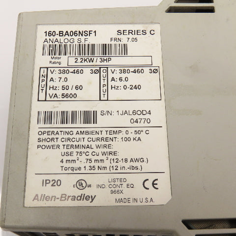 Allen Bradley 160-BA06NSF1 Ser. C 380-460V 0-240Hz Output 2.2kW AC Speed Drive