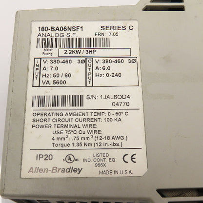 Allen Bradley 160-BA06NSF1 Ser. C 380-460V 0-240Hz Output 2.2kW AC Speed Drive
